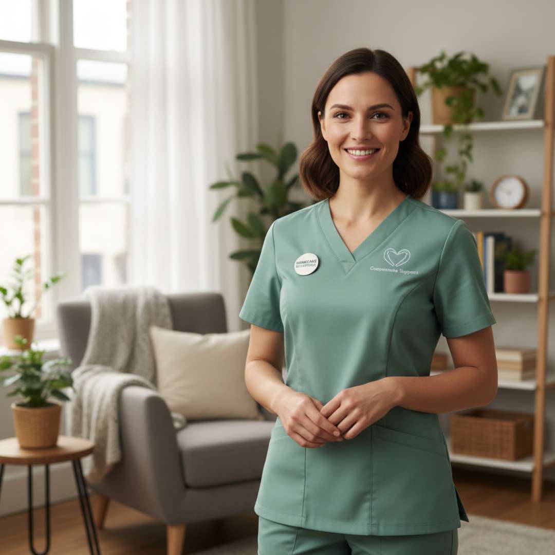 Porträt von Isabel in salbeigrüner Arbeitskleidung, lächelnd in häuslicher Umgebung